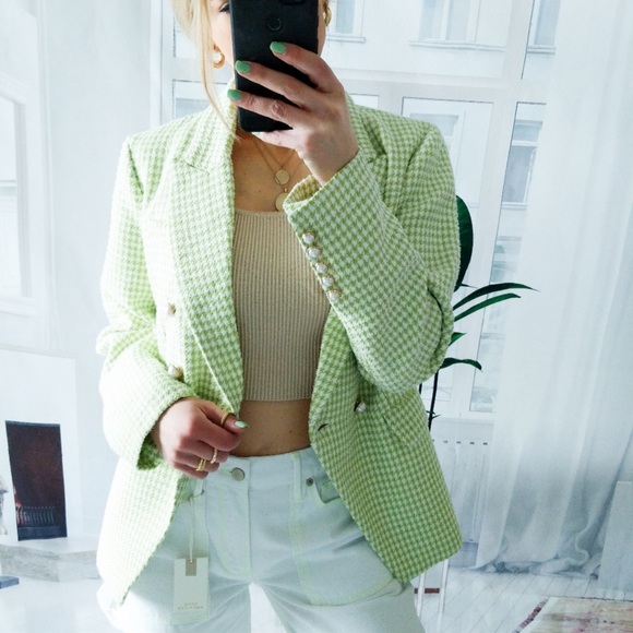 NWT House of Harlow 1960 Lime and Pearl Houndstooth Blazer in Size Small - Picture 3 of 5